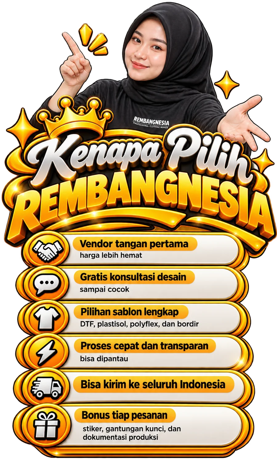 Kenapa pilih Rembangnesia — vendor tangan pertama dengan harga lebih hemat, gratis konsultasi desain sampai cocok, pilihan sablon lengkap (DTF, plastisol, polyflex, dan bordir), proses cepat dan transparan yang bisa dipantau, bisa kirim ke seluruh Indonesia, dan bonus tiap pesanan berupa stiker, gantungan kunci, dan dokumentasi produksi. Gambarnya berganti-ganti antara dua pose model.